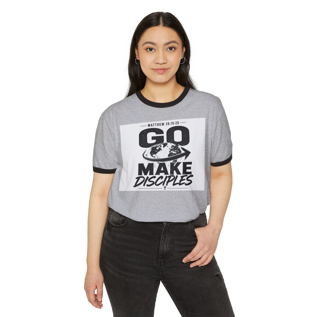 Go Make Disciples Ringer T-Shirt — Matthew 28:19 Christian Mission Tee