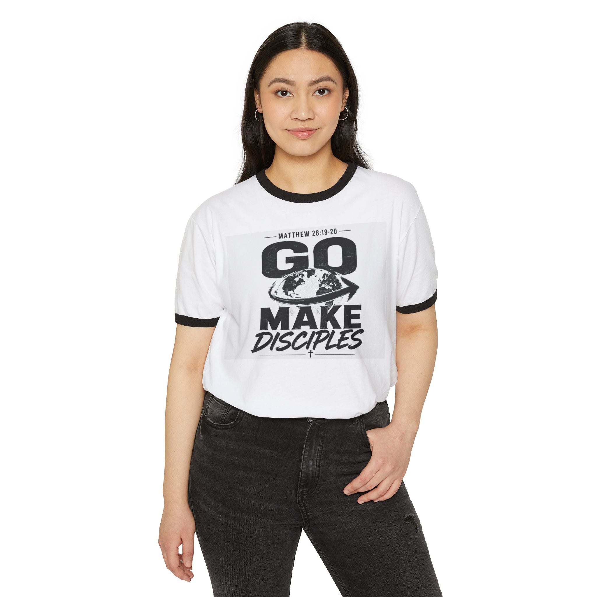 Go Make Disciples Ringer T-Shirt — Matthew 28:19 Christian Mission Tee